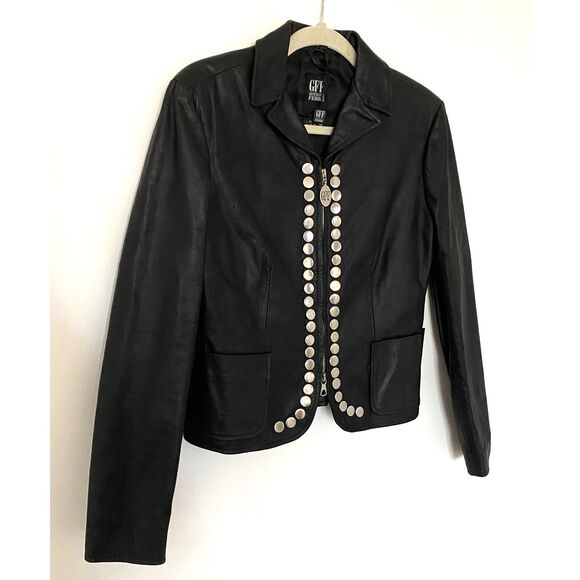 VTG Gianfranco Ferre Black Leather Jacket Italian Metal Buttons Collector Sz 10 - Picture 11 of 16